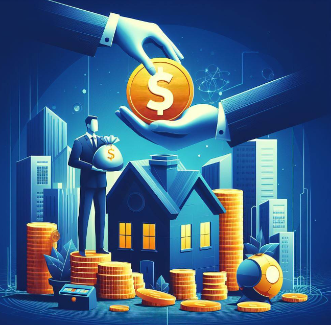 Haal meer uit uw zonnepanelen. Bespaar geld. Een man met een zak geld staat naast zijn verduurzaamde huis.